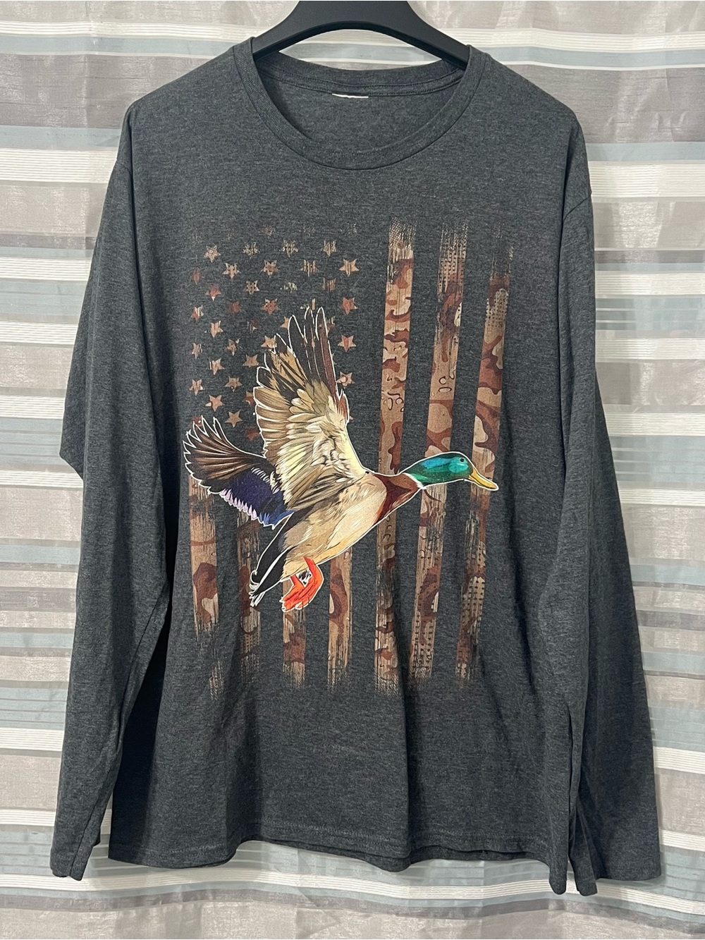 Duck Hunter American Flag with Mallard Print Men's Charcoal Long-Sleeve Shirt